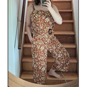 Monteau Burnt Orange Wide Leg Linen Blend Jumpsuit with Belt